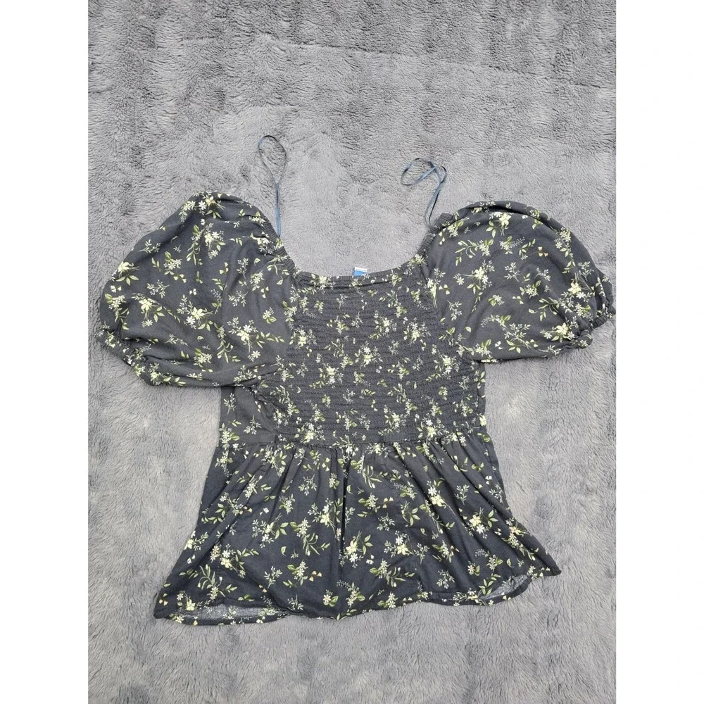Old Navy Floral Puff Sleeve Smocked Back Peplum Top Navy Blue Medium